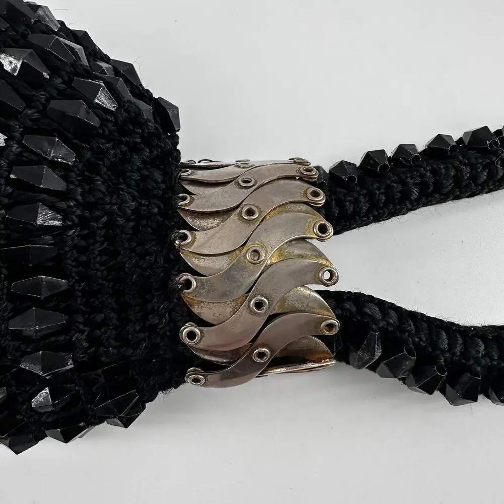 Vintage Black Beaded Evening Purse with Bike Chain Strap Accent Y2K Goth